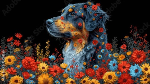 a painting of a dog in a field of sunflowers and daisies on a black background with red, yellow, and blue flowers. photo