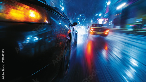 Sport car motion blur of race between two cars in blue hour, rain with lights on road. Sport car on wet asphalt, high speed © Mars0hod