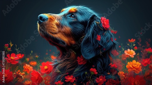 a close up of a dog in a field of flowers with red and yellow flowers on it's face.