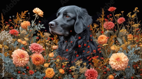 a painting of a dog in a field of flowers with orange and red flowers in the foreground and a black background. photo