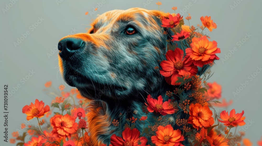a close up of a dog's face with flowers in the foreground and a background of orange and red flowers in the foreground.