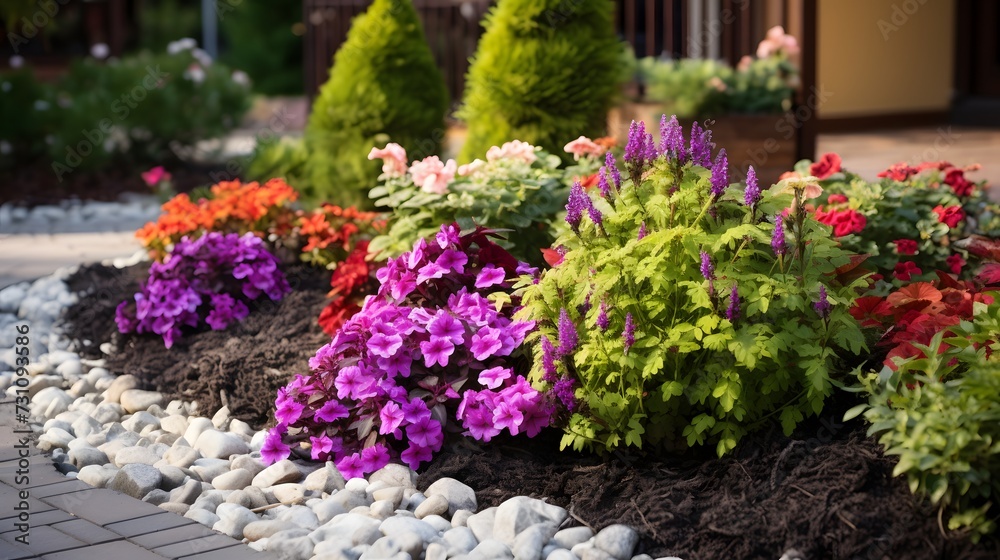 Beautiful flower gardening design details. Designing beautiful landscape. Multicolored flowerbed with stylish foliage and flowers, design elements and stones in back yard