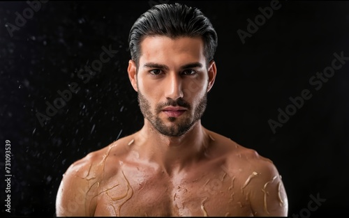 Men with oily or wet skin on black background