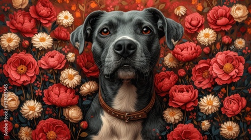 a painting of a black and white dog in a field of red and white flowers with a brown leather collar. photo