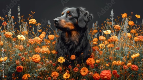 a black and brown dog sitting in a field of orange and yellow flowers on a black background with a dark sky in the background.