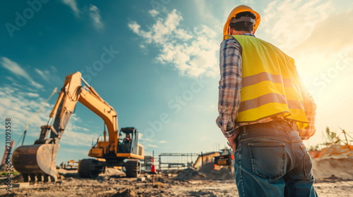 Man driver builder operate crane or excavator at construction site, sunny day, development