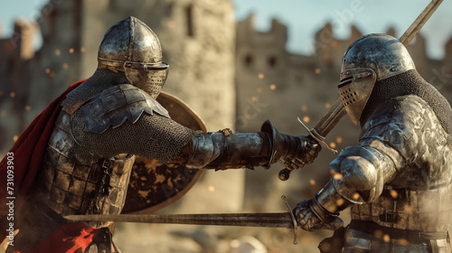 Two knights with swords face to face, confrontation, battle, bravery, clash, close-quarters combat
