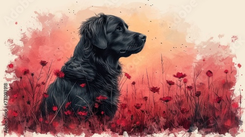 a painting of a black dog sitting in a field of red flowers with a yellow sky in the back ground. photo