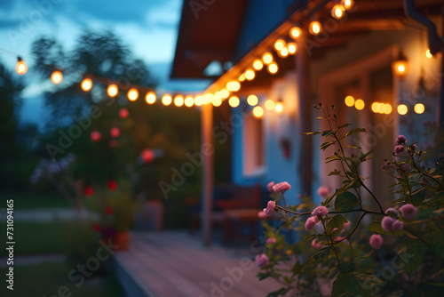 Close up beautiful suburban house with lights in the garden © CHAYAPORN