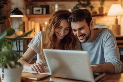 Family couple sitting and looking at a laptop screen Concept of modern communication and shared digital experience