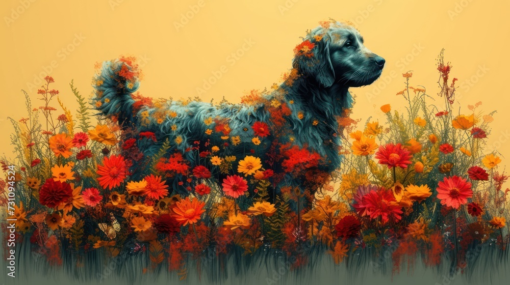 a painting of a dog standing in a field of flowers on a yellow background with a yellow sky in the background.