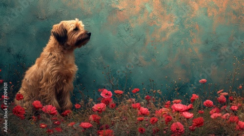 a painting of a dog sitting in a field of red flowers in front of a blue wall with a green background.