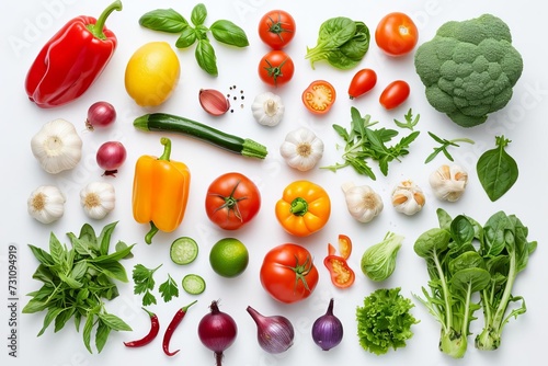 Diverse assortment of fresh vegetables artistically arranged on a clean white background Concept of healthy living and nutrition