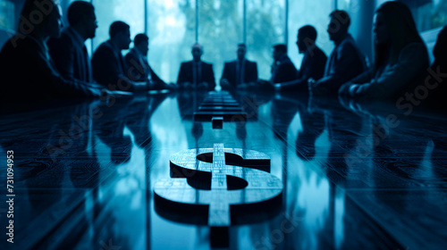 Sala de reuniones en una gran despacho de grandes cristaleras con una mesa rodeada de ejecutivos y el símbolo $ en la mesa como referencia al poder económico