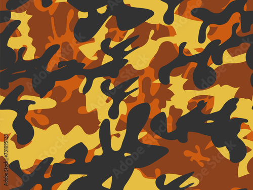Orange Modern Pattern. Brown Camo Print. Black Camouflage Seamless Brush. Vector Orange Abstract Camoflage Yellow Camo Paint. Abstract Vector Background. Military Black Canvas. Yellow Brown Pattern.