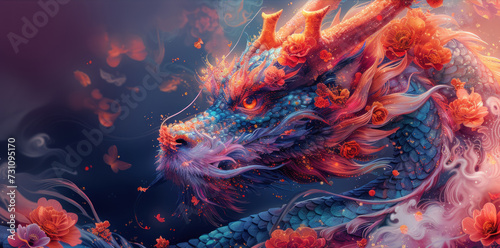 a painting of a dragon with red flowers on it's head and a blue body of water in the background.