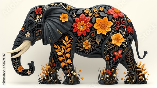 an elephant made out of paper with flowers on it's trunk and tusks on it's back. photo