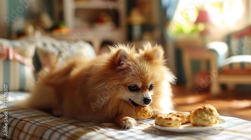 Pomeranian indulging in a biscuit, capturing the fluffy coat and bright personality, arranged on a dollhouse-inspired pet-friendly living room setting