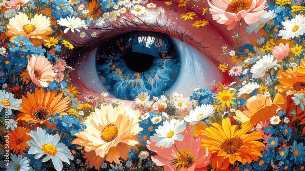 a close up of a painting of an eye in a field of flowers with daisies and daisies around it.