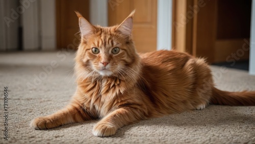 Red maine coon cat in the living room