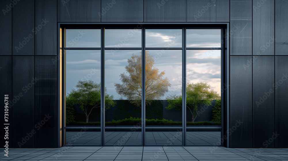 A brand-new window. modern black metallic frame with beautiful view A brand-new window. modern black metallic frame with beautiful view