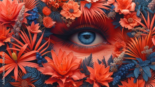 a close up of a blue eye surrounded by orange and red flowers and leaves, with a blue iris in the center of the iris's eye. photo