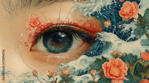 a close up of a person's eye with a painting of a wave and flowers on the outside of the eye. photo