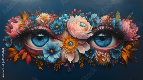 a close up of a painting of an eye with blue eyes and pink flowers on the outside of the eye.