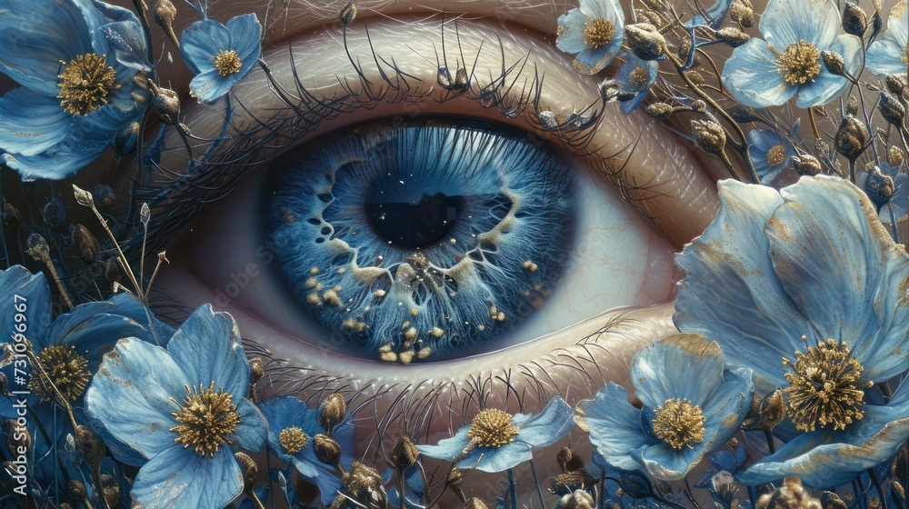 a close up of a painting of an eye with blue flowers in the foreground and a field of blue flowers in the background.