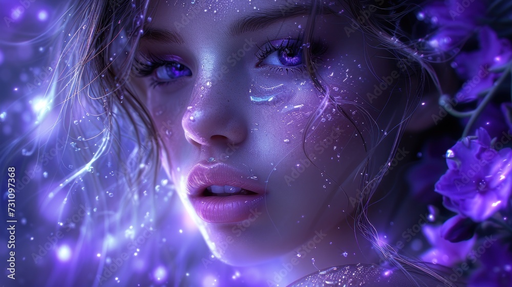 a close up of a woman's face with purple flowers in the foreground and a blue sky in the background. a close up of a woman's face with purple flowers in the foreground and a blue sky in the background.