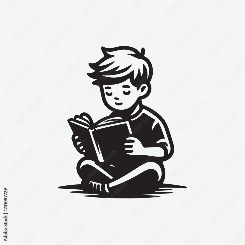 Young Boy Reading A Book Vector Illustration. Smart Child Silhouette
