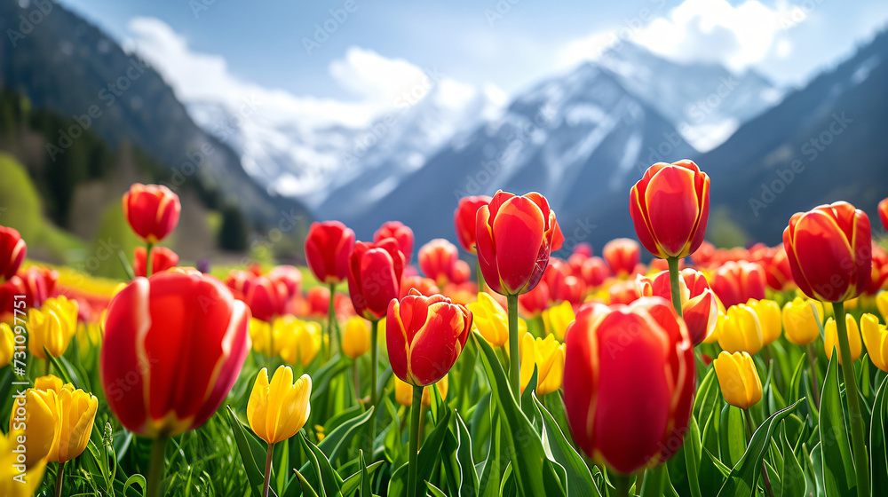 Tulip flowers in mountain landscapes.