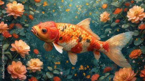 a painting of a goldfish in a pond of water with orange and yellow flowers on the bottom of it. © Nadia