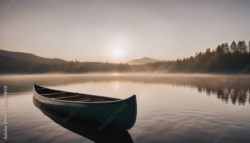 Bow of a canoe in the morning on a misty lake