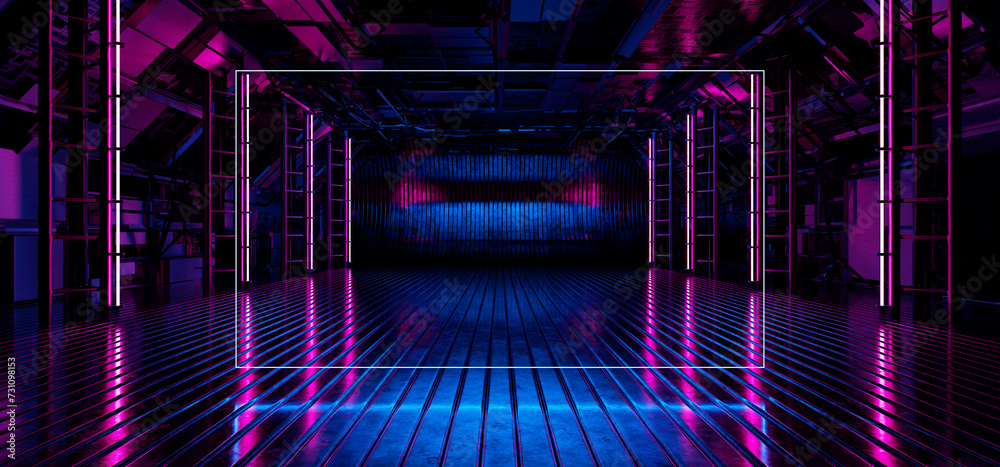 Metal garage. Neon frame. Futuristic, empty garage. Iron tunnel. Production hangar. Neon light. Futuristic background for product presentation. 3D rendering. Metal garage. Neon frame. Futuristic, empty garage. Iron tunnel. Production hangar. Neon light. Futuristic background for product presentation. 3D rendering.