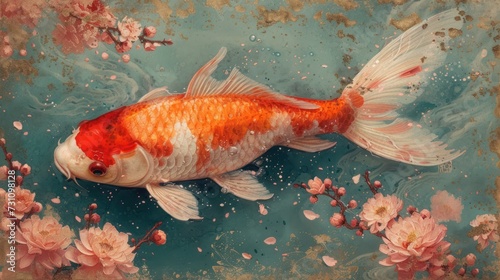 a painting of a goldfish swimming in a pond of water with pink flowers on the side of the pond. photo