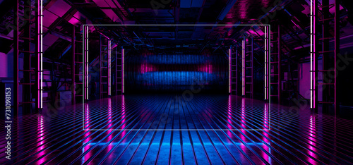 Fototapeta Naklejka Na Ścianę i Meble -  Metal garage. Neon frame. Futuristic, empty garage. Iron tunnel. Production hangar. Neon light. Futuristic background for product presentation. 3D rendering.