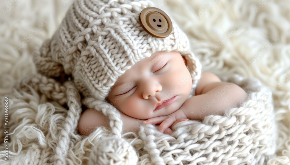Newborn baby sleeping peacefully on white bed with copy space for text placement Newborn baby sleeping peacefully on white bed with copy space for text placement