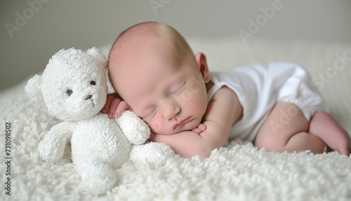 Adorable sleeping newborn on white bed with cute plush toy copy space for text