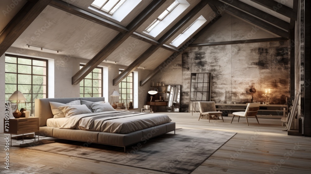 a loft style luxury bedroom with a frame for a mockup.