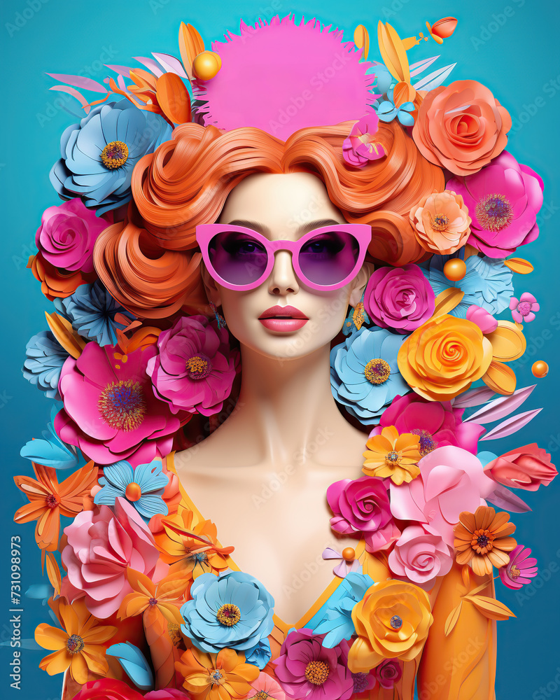 Female illustration portrait with flowers. Creative background with stylish woman. Summer style. Female illustration portrait with flowers. Creative background with stylish woman. Summer style.