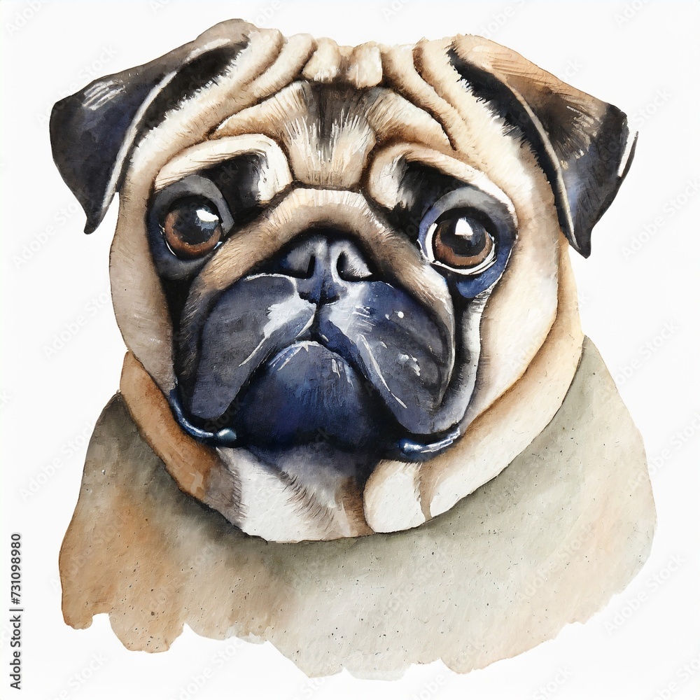Watercolor illustration of pure breed Pug dog. Colorful painting of domestic animal