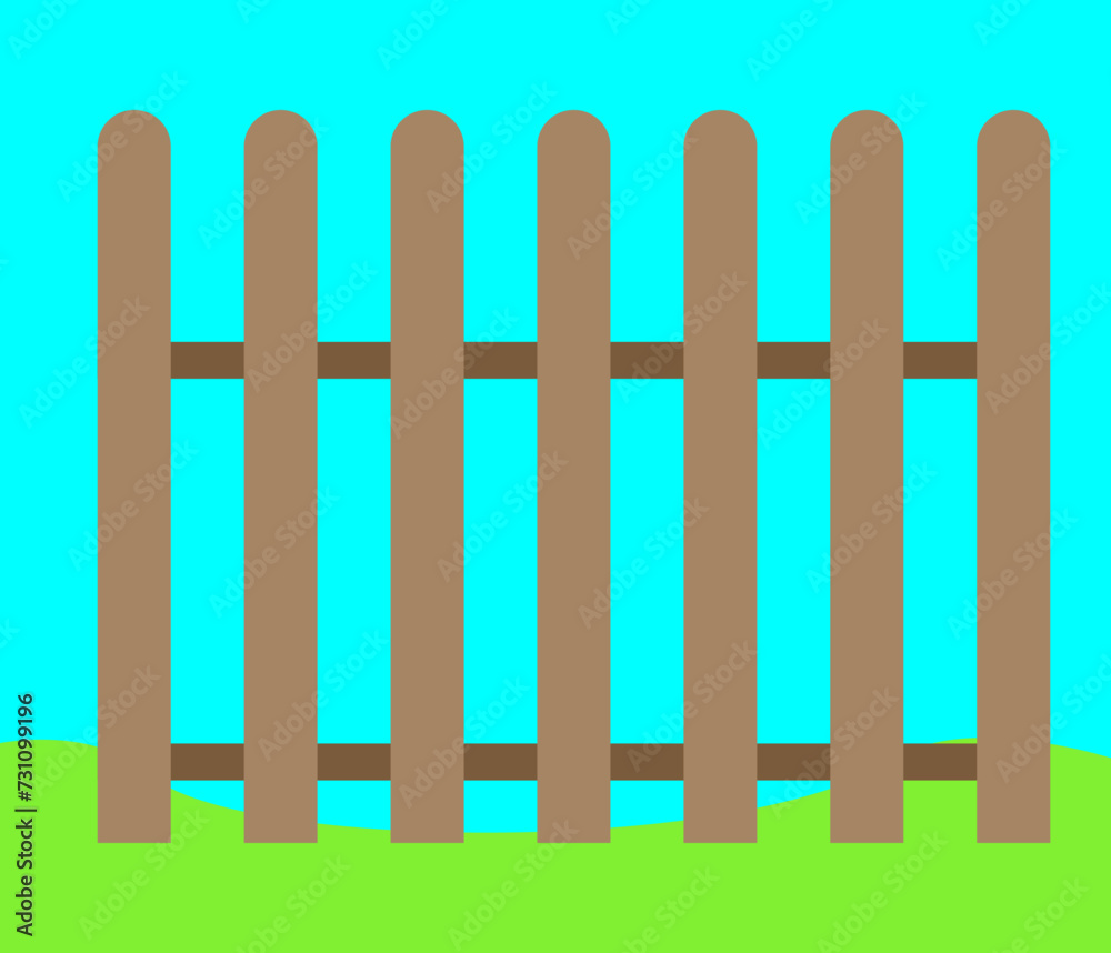 Fence - a wooden fence 2 for a garden or pasture on the background of the sky and grass. Vector illustration