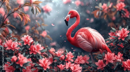 a pink flamingo standing in the middle of a lush green field with pink flowers on it's side.