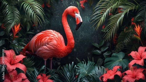 a pink flamingo standing in the middle of a lush green forest filled with red flowers and palm leaves, surrounded by red and white flowers.
