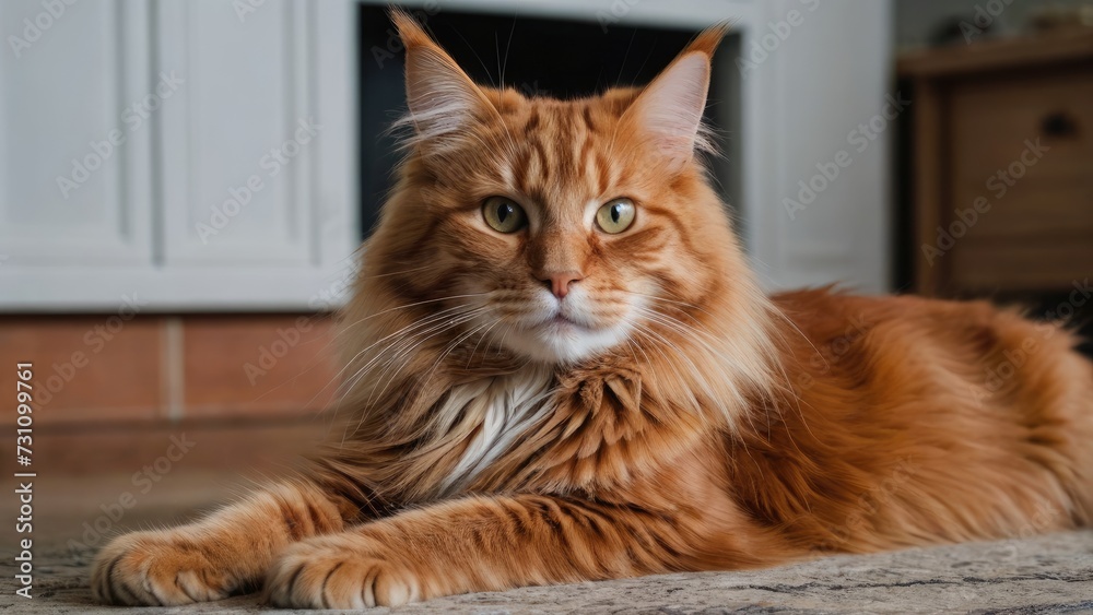 Red maine coon cat laying on the floor indoor