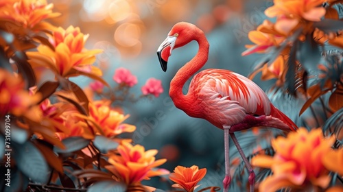 a pink flamingo standing on top of a lush green forest filled with orange and pink flowers on top of a lush green field.