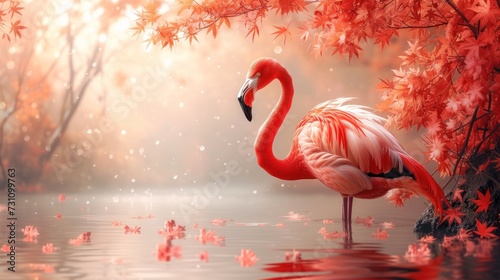 a pink flamingo standing in a body of water next to a tree with red leaves on it's branches. © Nadia