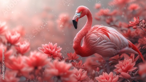 a pink flamingo standing in the middle of a field of flowers with water droplets on it's wings.