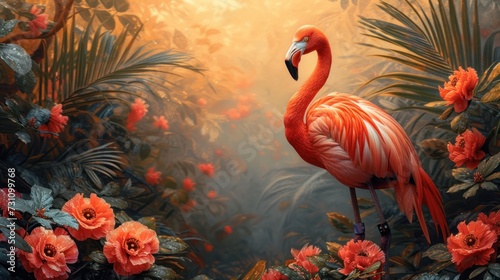 a painting of a pink flamingo standing in a tropical scene with red flowers and palm trees in the background.